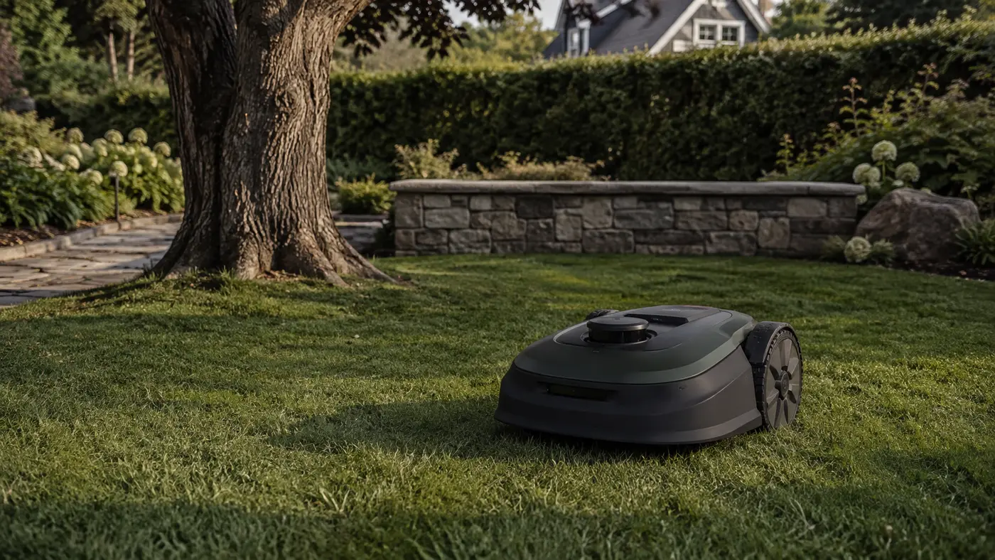 Robot cortacésped LiDAR detectando árboles, muros y caminos en un jardín