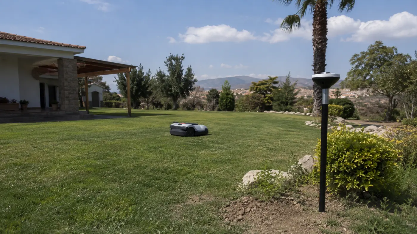 Robot cortacésped guiado por satélites y una referencia RTK en un jardín abierto