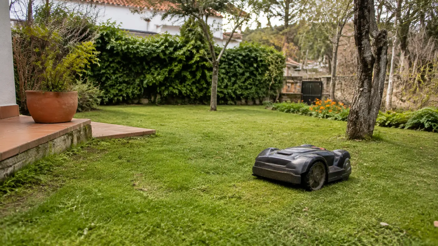 Jardín dividido en zonas con un robot cortacésped autónomo y su recorrido